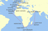 Cruise itinerary map for AIDA 46 Nacht Weltenbummler Sudafrika & Mauritius ab Abu Dhabi (134951)