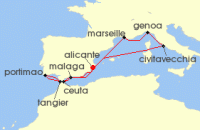 Cruise itinerary map for MSC Cruises 10 Night Mediterranean (142088)