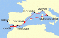 Cruise itinerary map for MSC Cruises 10 Night Mediterranean (142082)