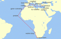 Cruise itinerary map for AIDA 29 Nacht Von Antalya uber Namibia nach Kapstadt (128139)