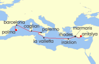 Cruise itinerary map for AIDA 10 Nacht Italien, Griechenland & Spanien ab Antalya (128137)