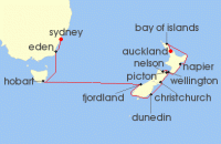Cruise itinerary map for Azamara Cruises 16 Night Cruise New Zealand & Australia Cruise: Auckland, Wellington & Hobart (120691)