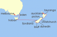 Cruise itinerary map for Silversea Cruises 16 Night Auckland To Melbourne (129467)