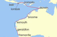 Cruise itinerary map for Regent Seven Seas Cruises 14 Night Balinese Immersion Bali (Benoa) To Perth (Fremantle) (142405)