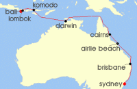 Cruise itinerary map for Regent Seven Seas Cruises 16 Night Sojourn To Oz Bali (Benoa) To Sydney (109591)