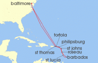 Cruise itinerary map for Carnival Cruises 14 Night Southern Caribbean (125284)