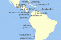 Cruise itinerary map for Azamara Cruises 28 Night Cruise Caribbean, Central America & Peru Cruise: Aruba, Miami & Panama Canal (140027)