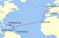 Cruise itinerary map for P & O Cruises 15 Night Caribbean Transatlantic (114648)