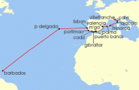 Cruise itinerary map for Star Clippers 28 Night Eastbound Atlantic Ocean Crossing (128558)