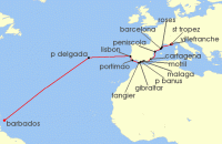 Cruise itinerary map for Star Clippers 28 Night Eastbound Atlantic Ocean Crossing (142397)
