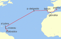 Cruise itinerary map for Marella Cruises 16 Night Atlantic Venture (140601)