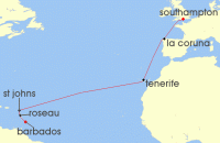 Cruise itinerary map for P & O Cruises 15 Night Caribbean Transatlantic (139603)
