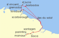 Cruise itinerary map for Oceania Cruises 19 Night Amazon to Caribbean Gems Bridgetown to Bridgetown (120333)