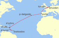 Cruise itinerary map for CFC Croisieres 17 Night Spring Escape: Caribbean To London Tilbury Adventure (Heathrow Airport) (136698)