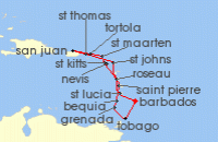 Cruise itinerary map for Azamara Cruises 14 Night Eastern Caribbean Voyage (134053)