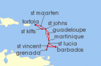 Cruise itinerary map for MSC Cruises 14 Night Southern Caribbean (139867)
