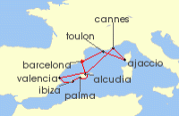 Cruise itinerary map for Silversea Cruises 9 Night Barcelona To Barcelona (140903)