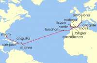 Cruise itinerary map for Explora Journeys 27 Night A Grand Journey of Colourful Moroccan Shores & Idyllic Caribbean Scenery (136321)