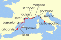 Cruise itinerary map for Oceania Cruises 10 Night Radiant Rivieras Barcelona to Rome (126796)