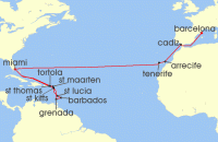 Cruise itinerary map for Cunard Line 27 Night Spain And Eastern Caribbean (140414)