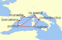 Cruise itinerary map for AIDA 11 Nacht Spanien, Frankreich & Italien ab Barcelona 2 (103167)