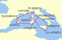 Cruise itinerary map for Celebrity Cruises 12 Night Italy, France, Spain & Malta (132779)