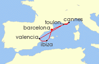 Cruise itinerary map for Virgin Voyages 7 Night French Riviera, Spain & Ibiza Overnight (137674)