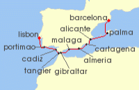 Cruise itinerary map for Oceania Cruises 10 Night Royal Palaces & the Rock Barcelona to Lisbon (138791)
