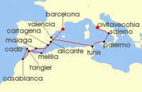 Cruise itinerary map for Oceania Cruises 14 Night A Holiday to Remember Barcelona to Rome (138234)