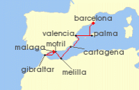 Cruise itinerary map for Azamara Cruises 7 Night Cruise Spain Intensive Cruise: Barcelona, Valencia & Malaga (140555)