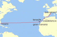 Cruise itinerary map for Virgin Voyages 14 Night Spanish Isles & Transatlantic Miles (131291)