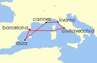 Cruise itinerary map for Virgin Voyages 7 Night French Riviera, Italy, Rome & Ibiza (135349)