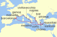 Cruise itinerary map for Princess Cruises 16 Night Mediterranean with Greece, France & Italy (135614)