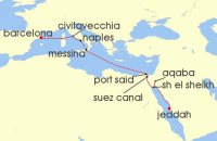 Cruise itinerary map for Explora Journeys 12 Night A Journey through Catalan Shores to Saudi Arabian Mystique (142142)