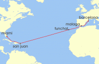 Cruise itinerary map for Regent Seven Seas Cruises 14 Night Felices Fiestas Barcelona To Miami (139135)