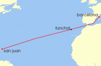 Cruise itinerary map for SeaDream Yacht Club 14 Night Transatlantic Autumn Voyage II (135242)