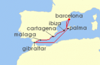 Cruise itinerary map for AIDA 7 Nacht Mediterrane Schatze mit Gibraltar ab Barcelona (110412)