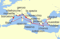 Cruise itinerary map for Cunard Line 28 Night Istanbul (139941)