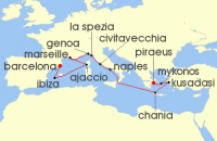 Cruise itinerary map for Princess Cruises 14 Night Mediterranean with Greece, Italy & Turkey (138858)