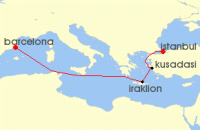 Cruise itinerary map for Cunard Line 7 Night Mediterranean And Greek Islands (102861)
