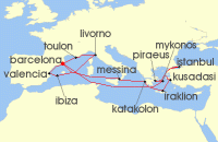 Cruise itinerary map for Cunard Line 21 Night Mediterranean And Greek Islands (134999)