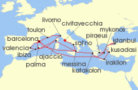 Cruise itinerary map for Cunard Line 28 Night Mediterranean And Greek Islands (135001)