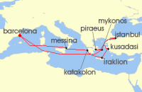 Cruise itinerary map for Cunard Line 14 Night Mediterranean And Greek Islands (127117)