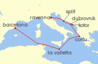 Cruise itinerary map for Norwegian Cruise Line 7 Night Mediterranean from Barcelona to Venice (Ravenna): Greece, Croatia & Malta (124806)