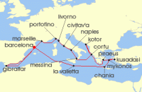 Cruise itinerary map for Holland America Line 21 Night Greek Isles: Naples & Rivieras (143402)