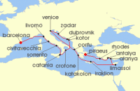 Cruise itinerary map for Azamara Cruises 21 Night Cruise Italy, Greece & Turkey Cruise: Rome, Venice & Athens (140542)