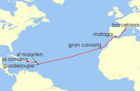 Cruise itinerary map for Costa Cruises 14 Night Transoceanic from Barcelona (141383)
