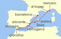 Cruise itinerary map for Silversea Cruises 10 Night Barcelona To Monte Carlo (140897)