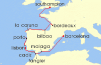 Cruise itinerary map for Regent Seven Seas Cruises 14 Night Sunlit Iberia Barcelona To London (Southampton) (135945)