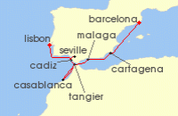 Cruise itinerary map for Azamara Cruises 10 Night Cruise New Years Mediterranean & Morocco: Malaga, Seville & Lisbon (129749)